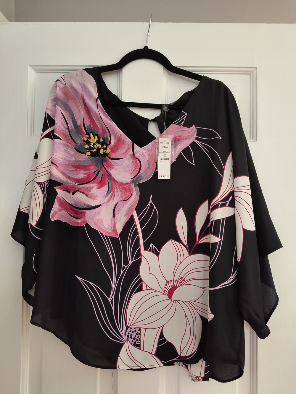 White House Black Market Black Tunic with Pink & Cream Floral Print